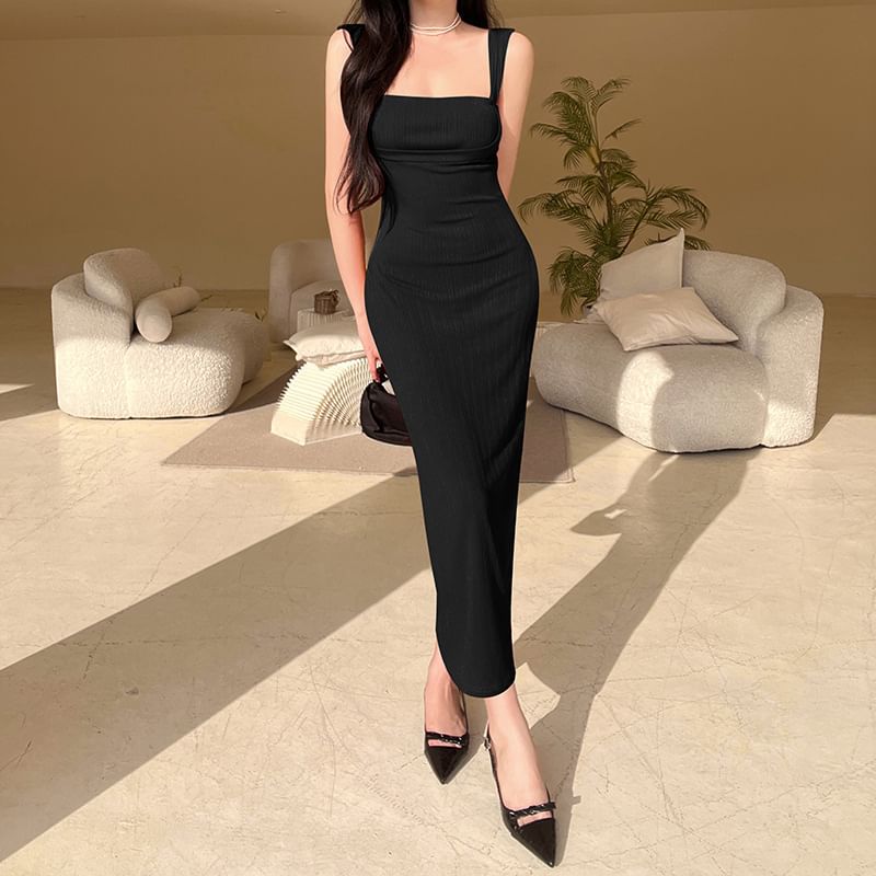 Maxi Neck Dress Sleeveless Sheath Plain Square