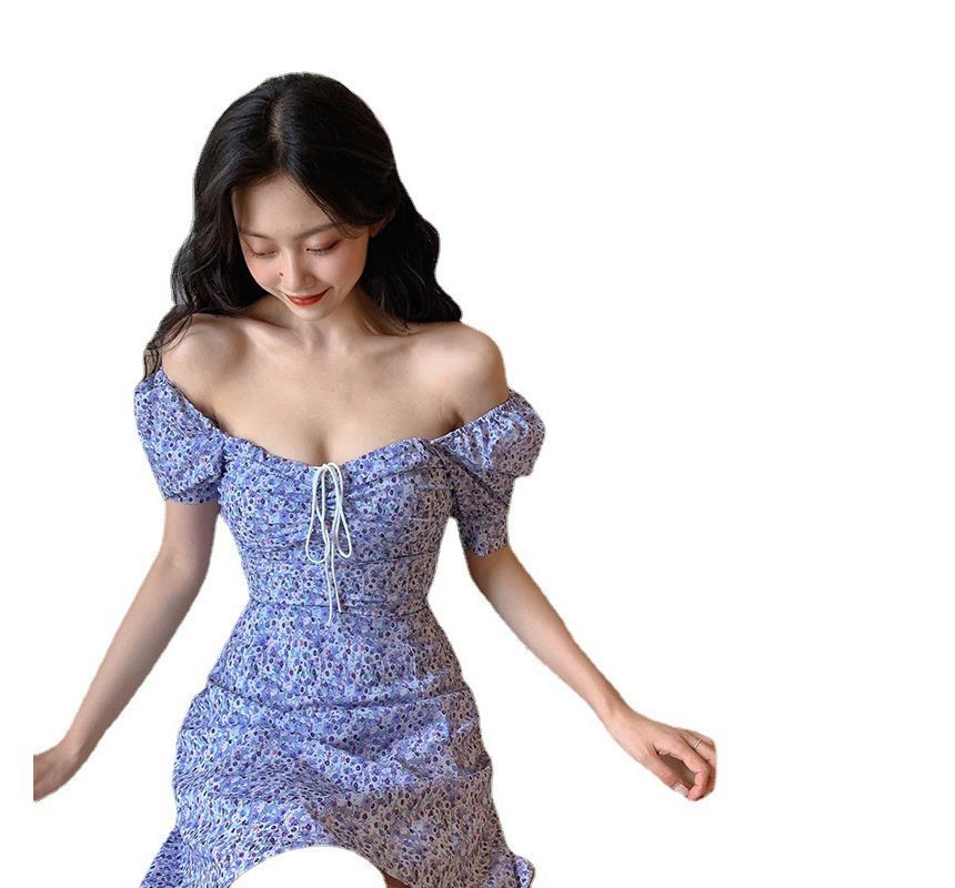 Floral Dress Square Mini Short-Sleeve Neck Sheath