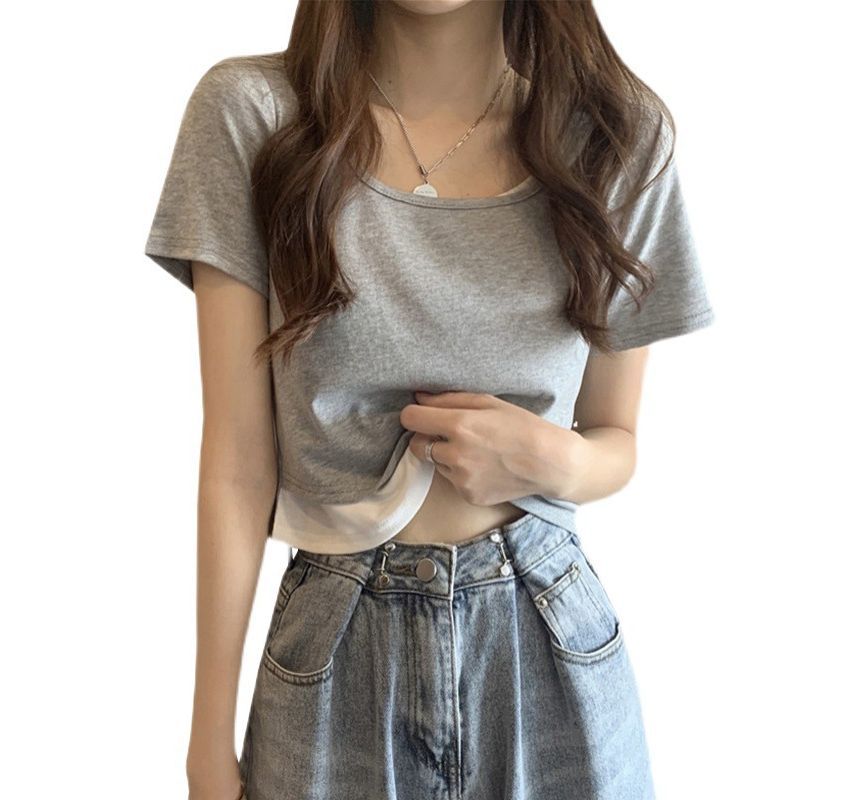 Short-Sleeve Two Mock Neck Piece Scoop Tee