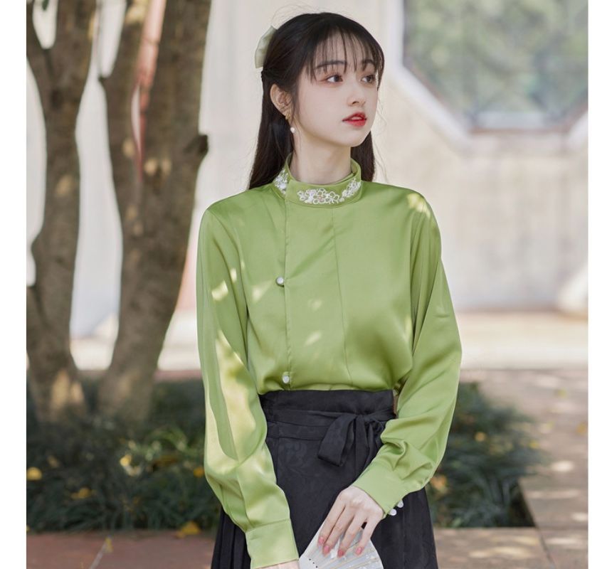 Long-Sleeve Stand Collar Embroidered Blouse / Tie-Waist Pleated Maxi A-Line Skirt