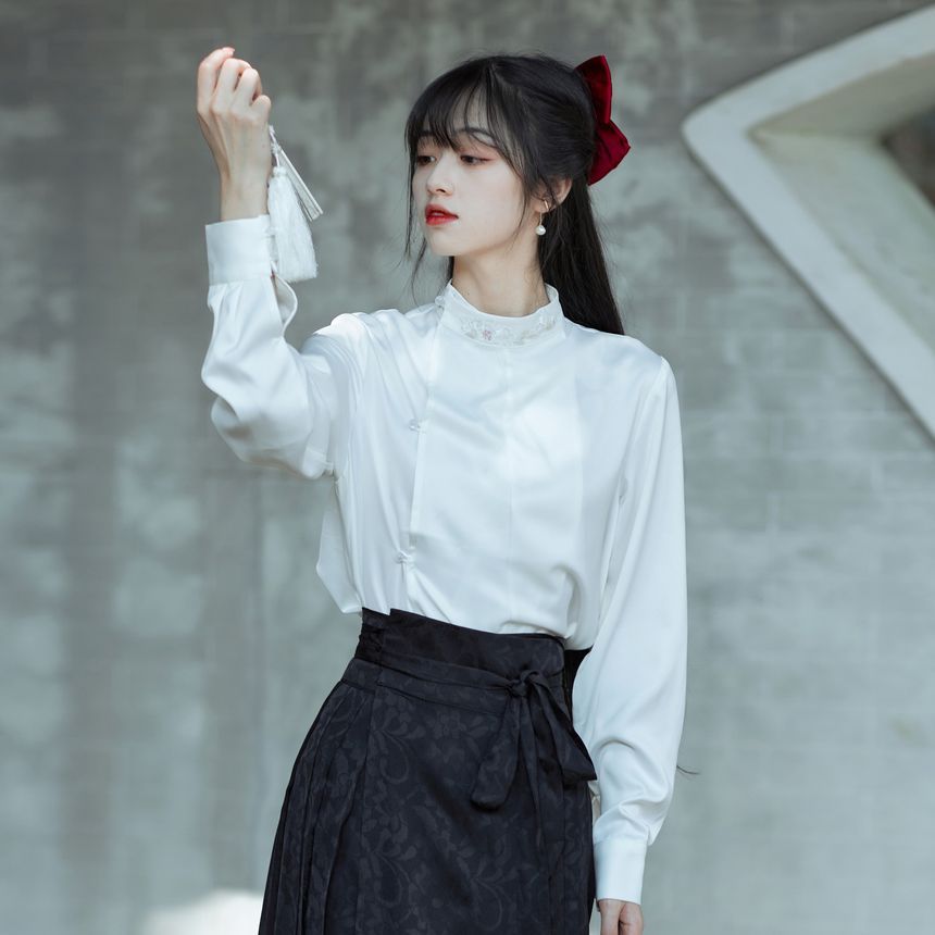 Long-Sleeve Stand Collar Embroidered Blouse / Tie-Waist Pleated Maxi A-Line Skirt