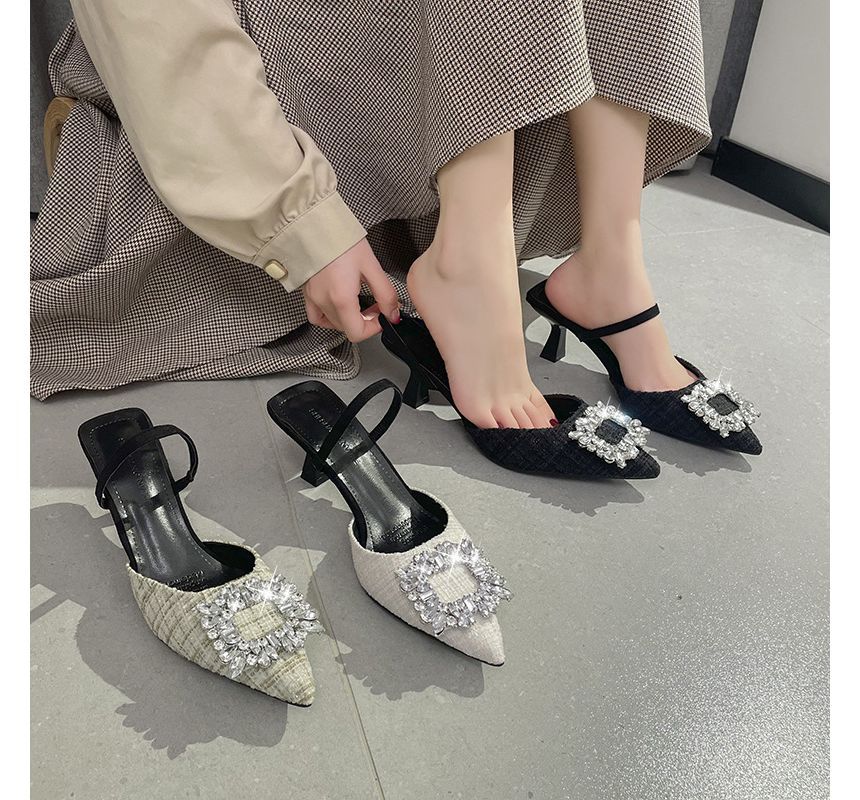 Pointed Rhinestone Kitten Heel Sandals