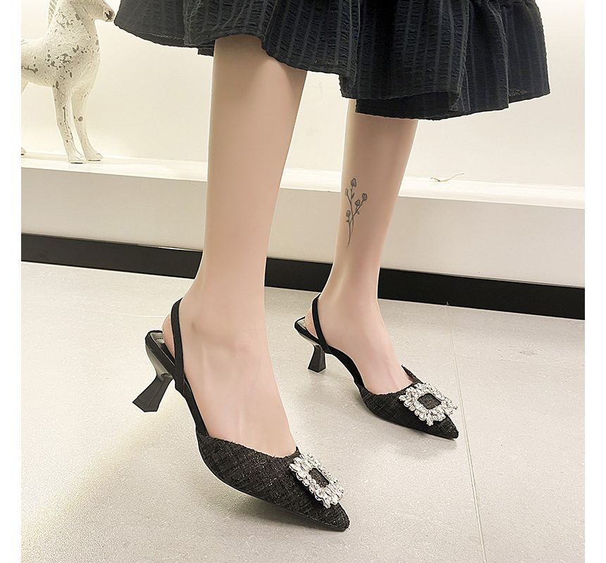 Pointed Rhinestone Kitten Heel Sandals