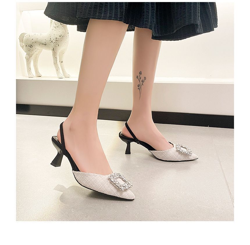 Pointed Rhinestone Kitten Heel Sandals