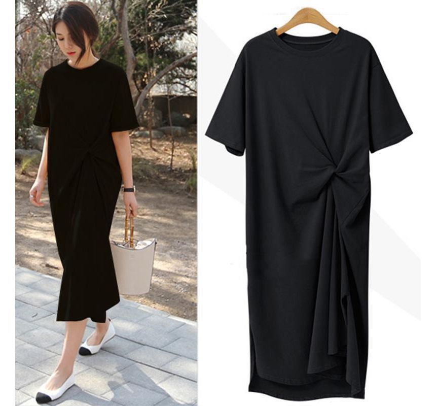 Midi T-Shirt Dress Crew Plain Twist Short-Sleeve Neck