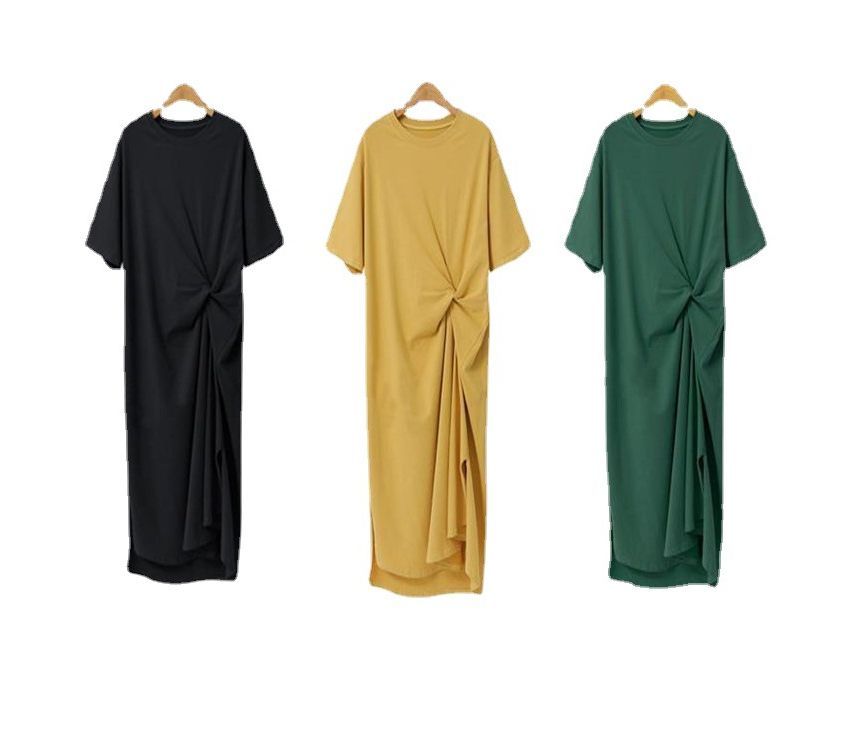 Midi T-Shirt Dress Crew Plain Twist Short-Sleeve Neck
