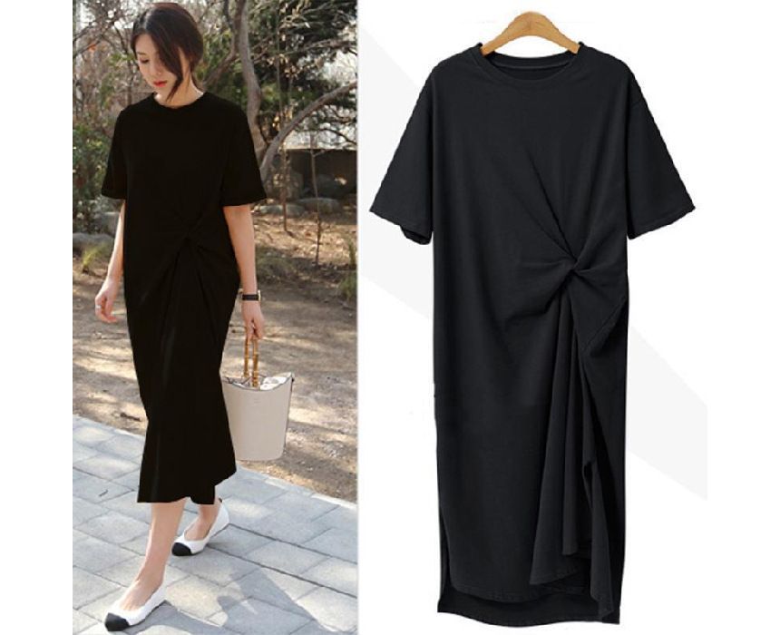 Midi T-Shirt Dress Crew Plain Twist Short-Sleeve Neck