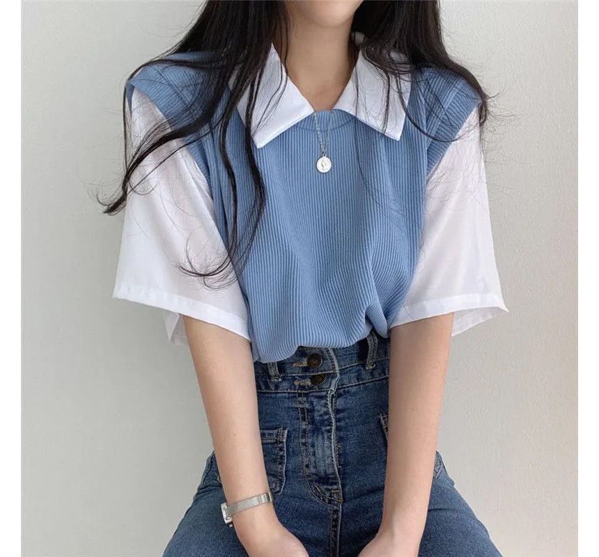 Two Mock Piece T-Shirt Short-Sleeve Collared