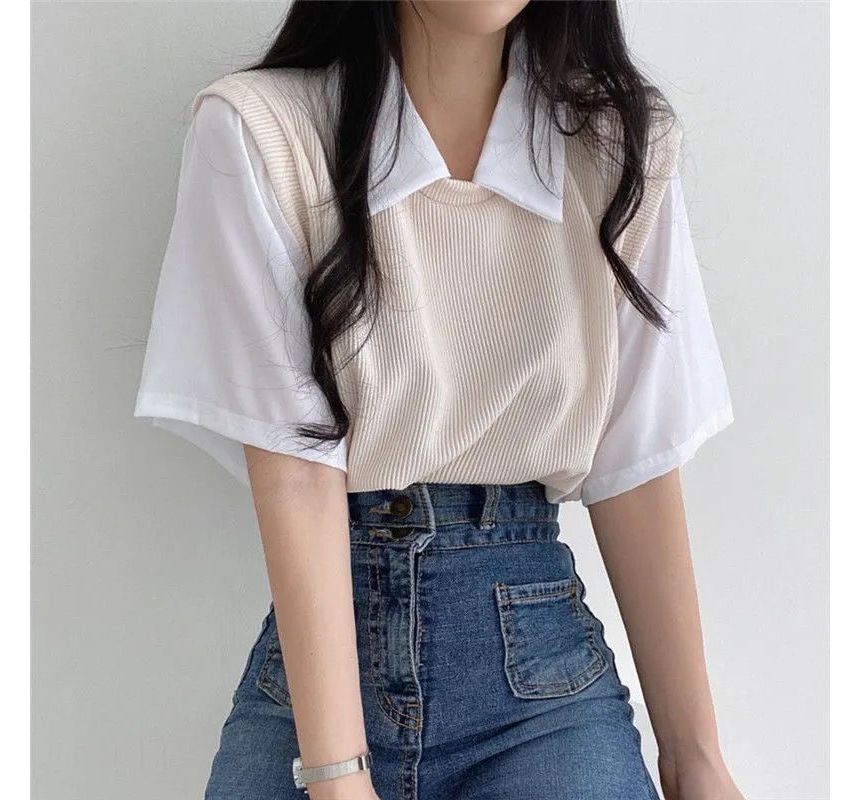 Two Mock Piece T-Shirt Short-Sleeve Collared