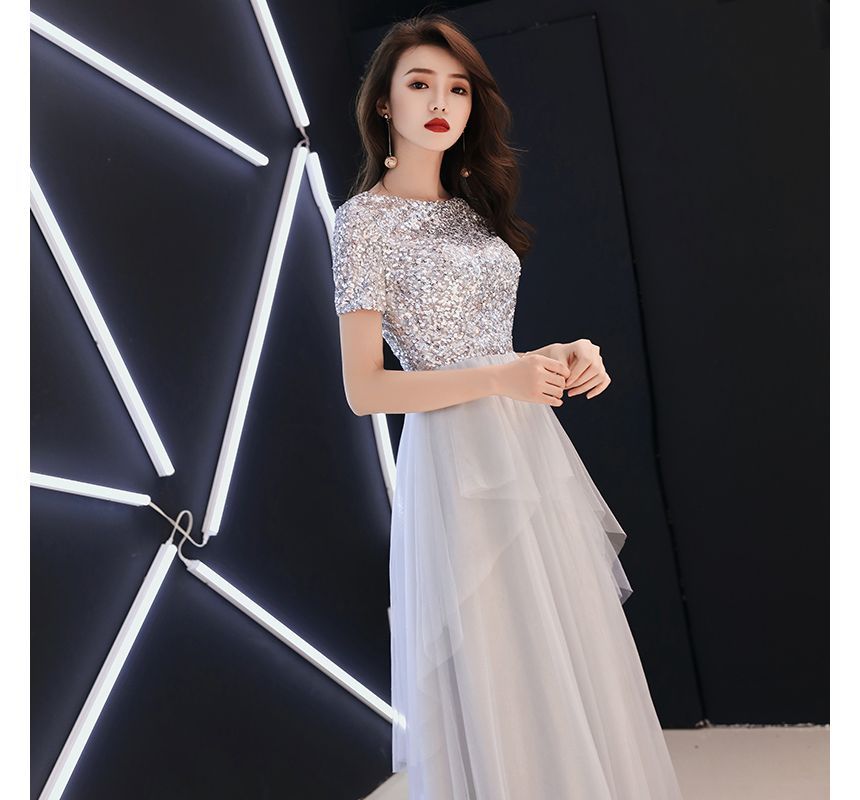 Short-Sleeve Sequined A-Line Mesh Evening Gown