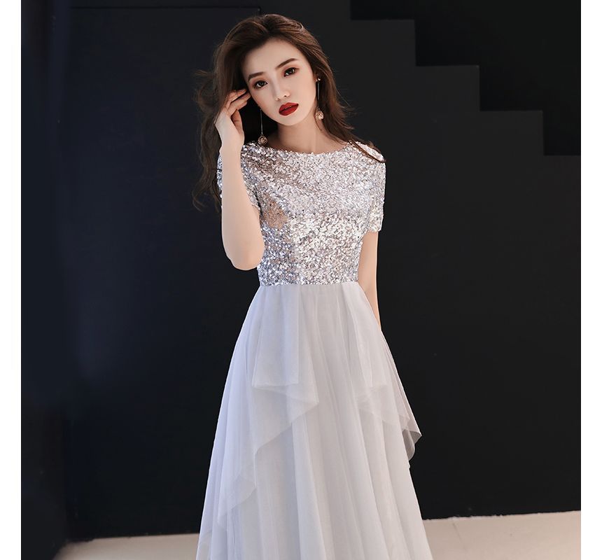 Short-Sleeve Sequined A-Line Mesh Evening Gown
