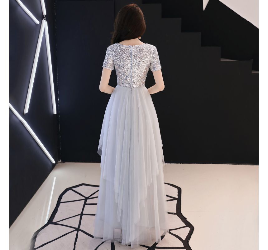 Short-Sleeve Sequined A-Line Mesh Evening Gown