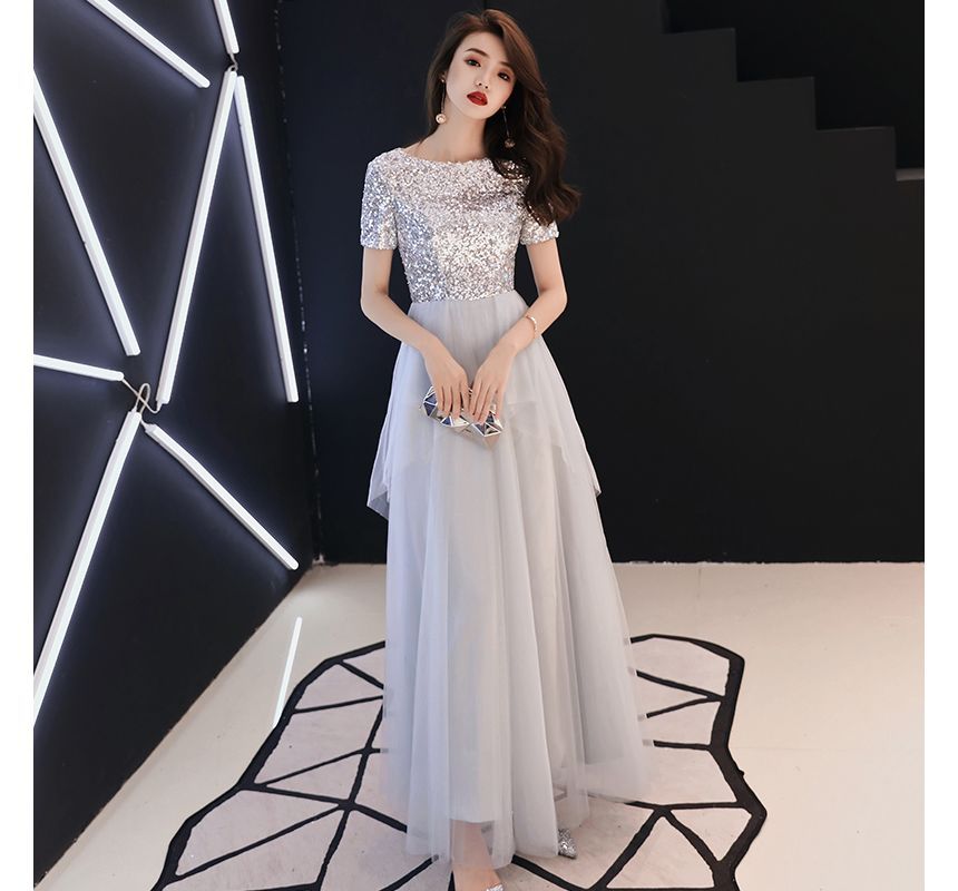 Short-Sleeve Sequined A-Line Mesh Evening Gown