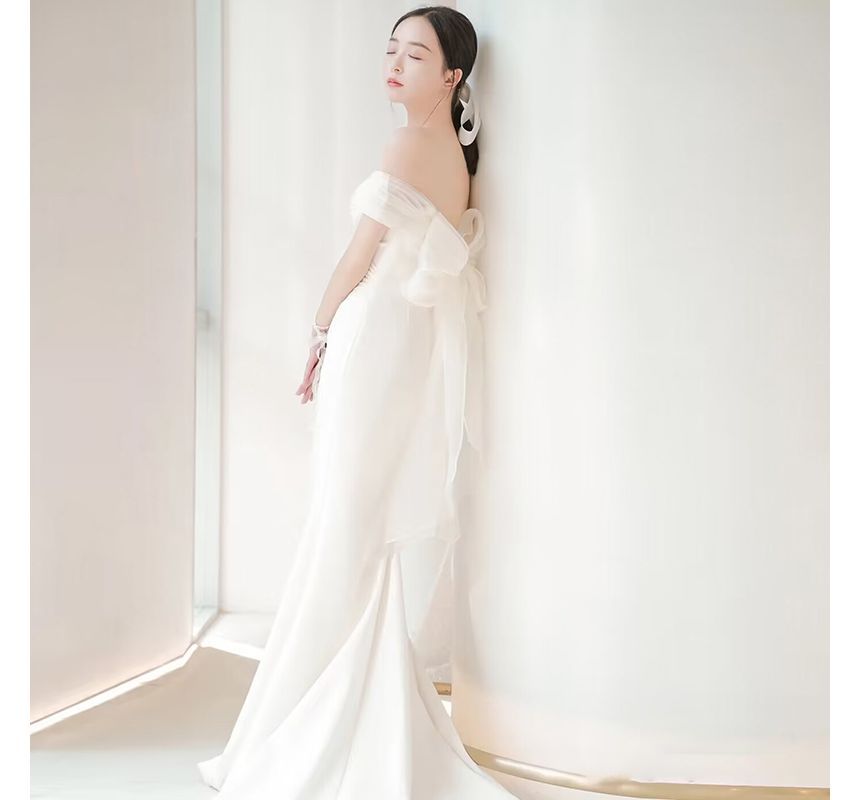 Short-Sleeve Off Shoulder Plain Bow Ruched Panel Mesh Mermaid Wedding Gown