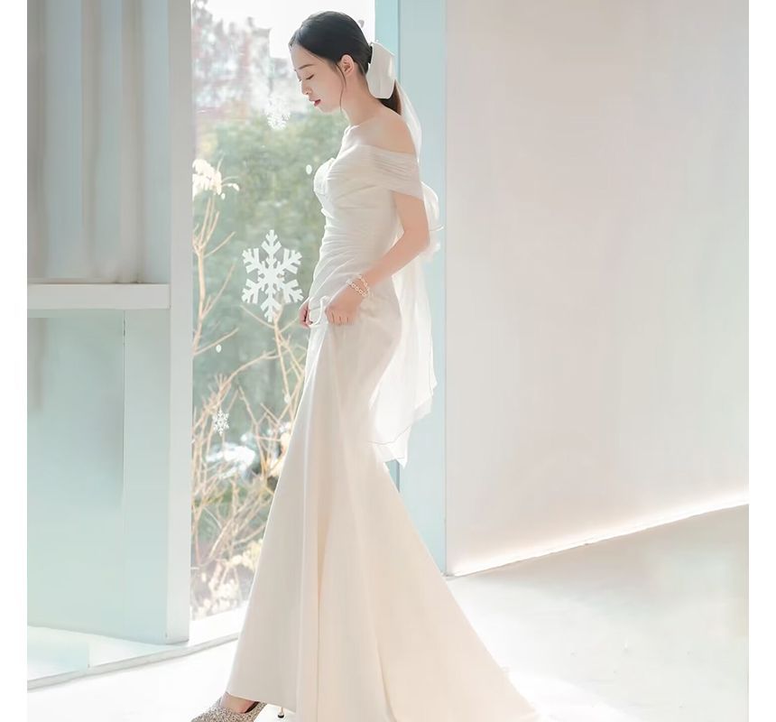 Short-Sleeve Off Shoulder Plain Bow Ruched Panel Mesh Mermaid Wedding Gown