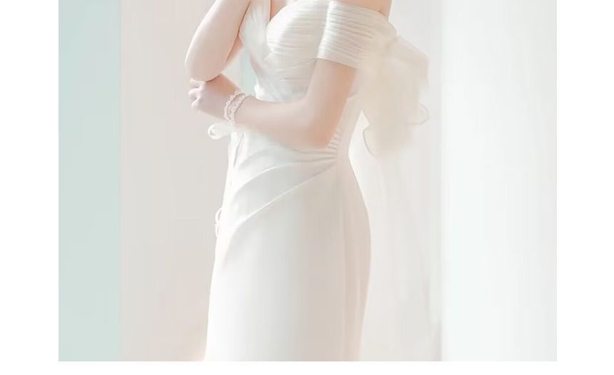Short-Sleeve Off Shoulder Plain Bow Ruched Panel Mesh Mermaid Wedding Gown
