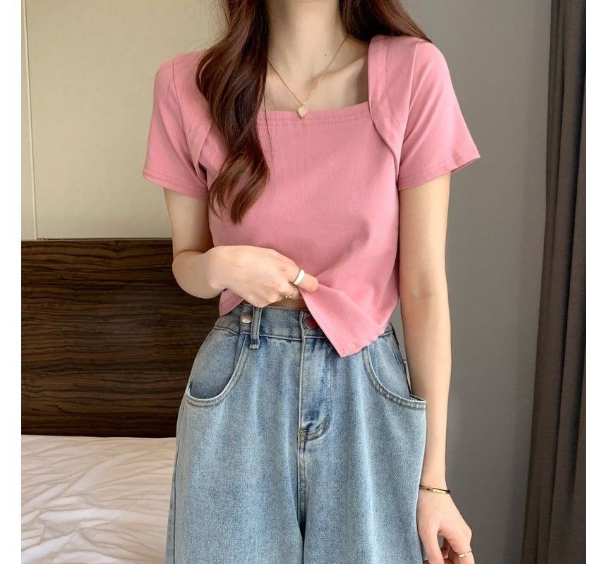 Irregular Square Short-Sleeve Cropped Neck T-Shirt