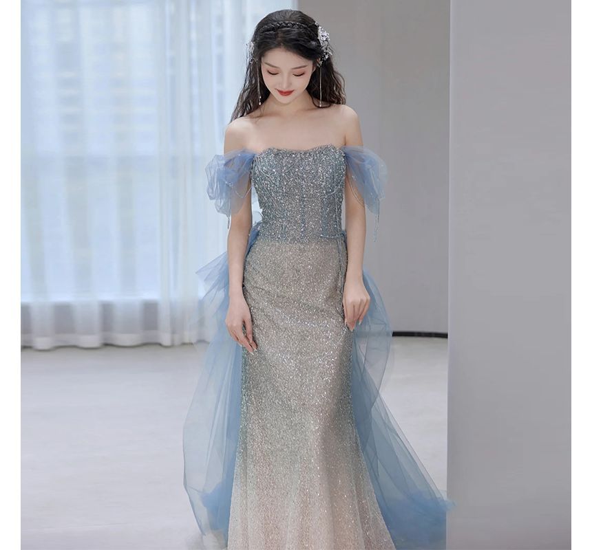 Short-Sleeve Off Shoulder Gradient Sequin Panel Mesh Mermaid Evening Gown