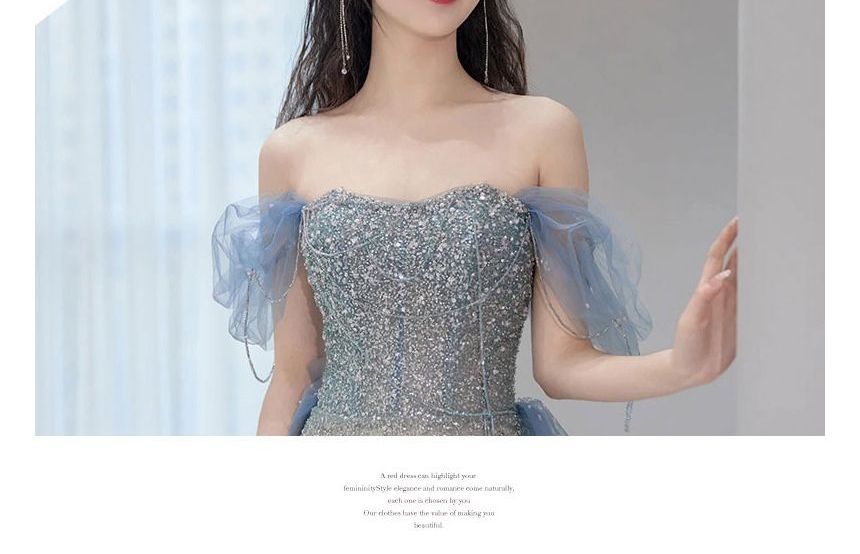 Short-Sleeve Off Shoulder Gradient Sequin Panel Mesh Mermaid Evening Gown