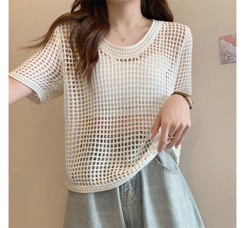 Knit Short-Sleeve Perforated Top