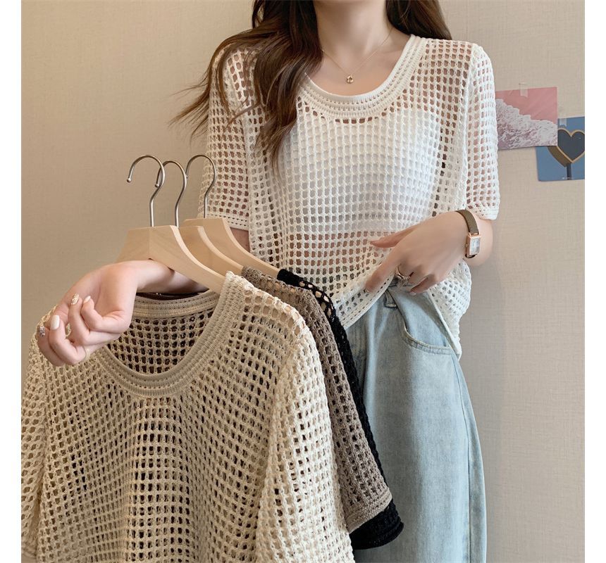 Knit Short-Sleeve Perforated Top