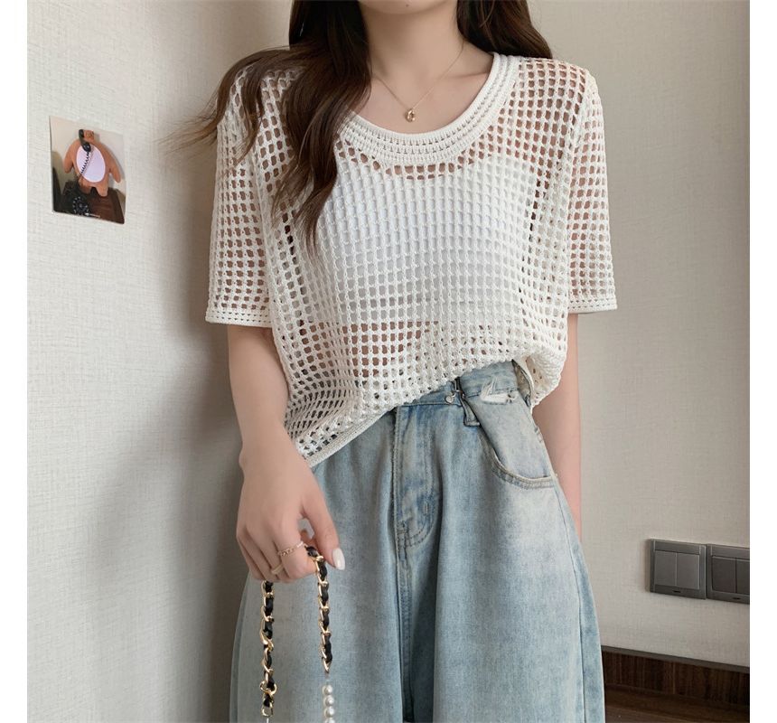 Knit Short-Sleeve Perforated Top