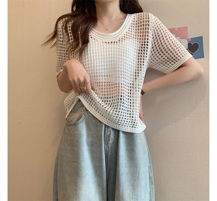 Knit Short-Sleeve Perforated Top