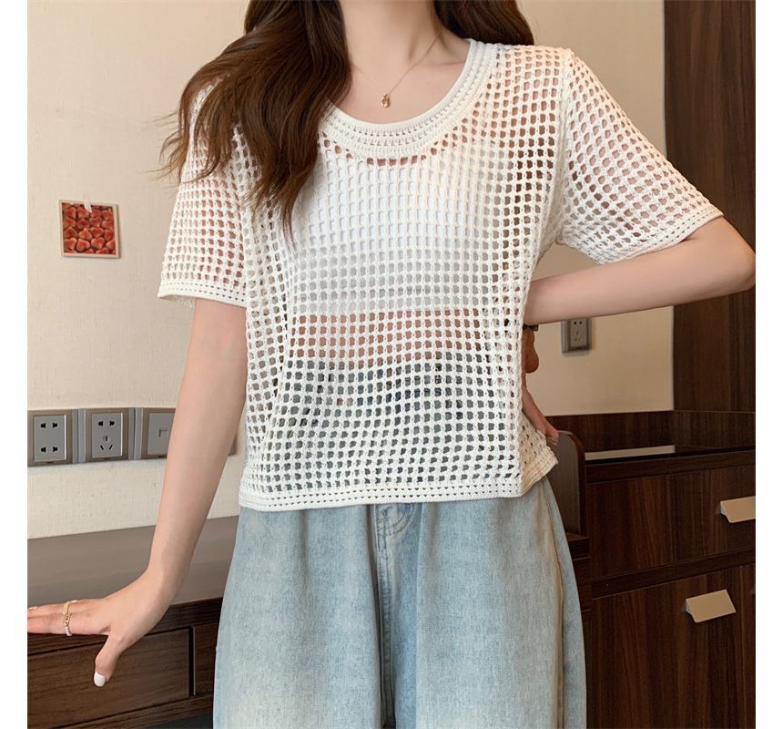Knit Short-Sleeve Perforated Top