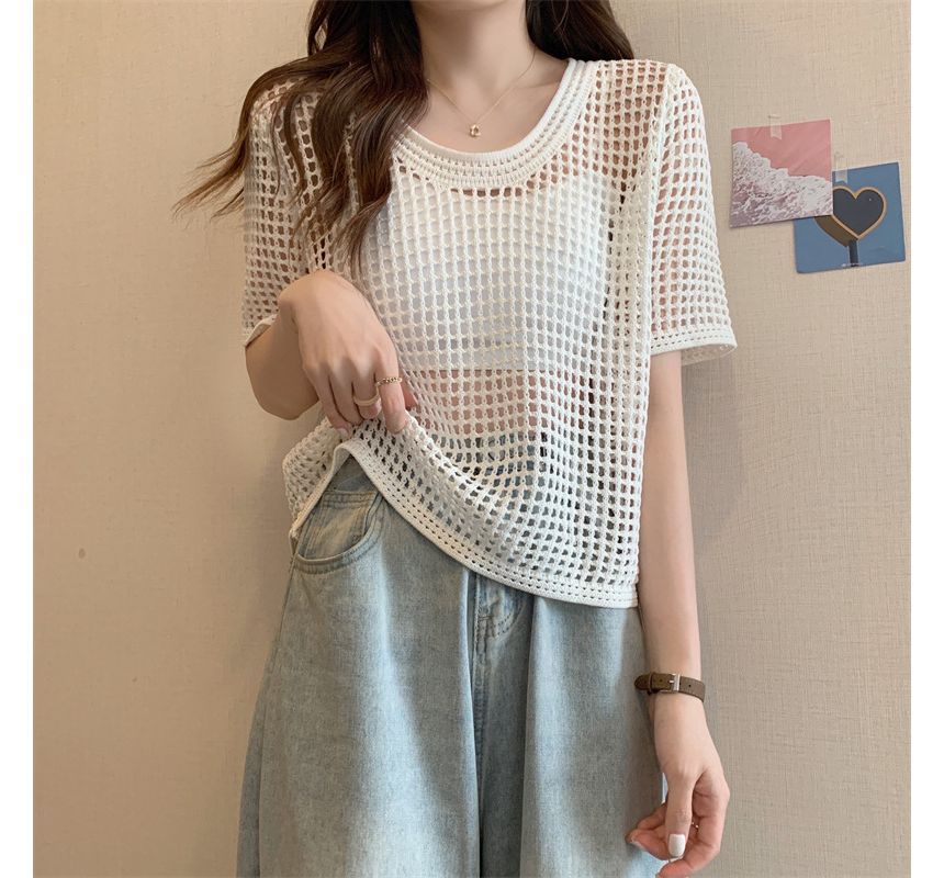 Knit Short-Sleeve Perforated Top