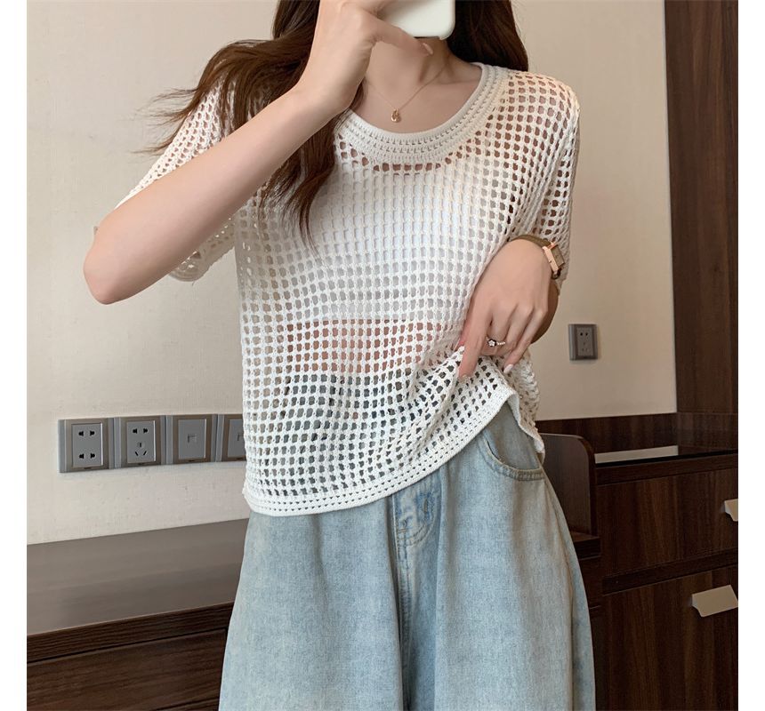 Knit Short-Sleeve Perforated Top