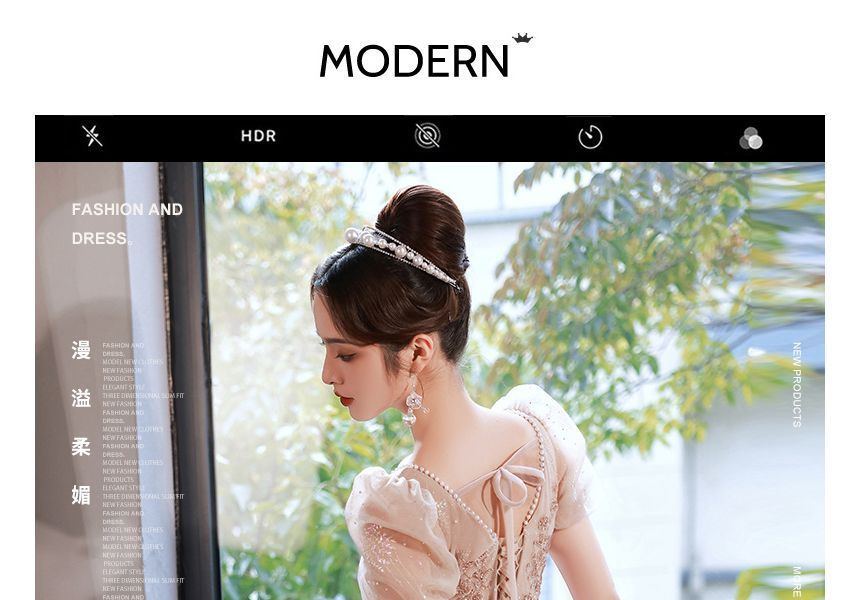 Short-Sleeve Rhinestone A-Line Evening Gown