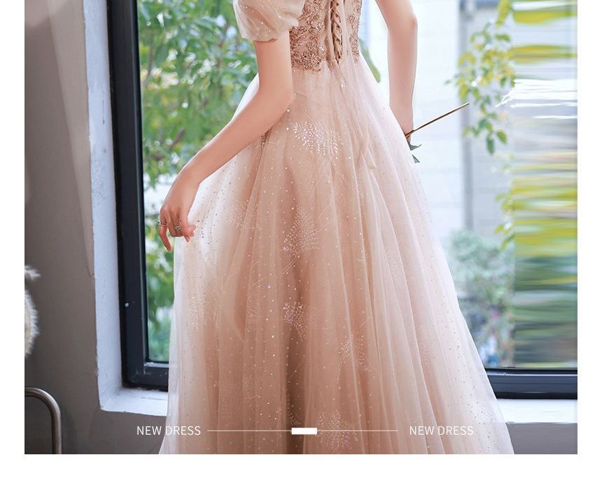 Short-Sleeve Rhinestone A-Line Evening Gown