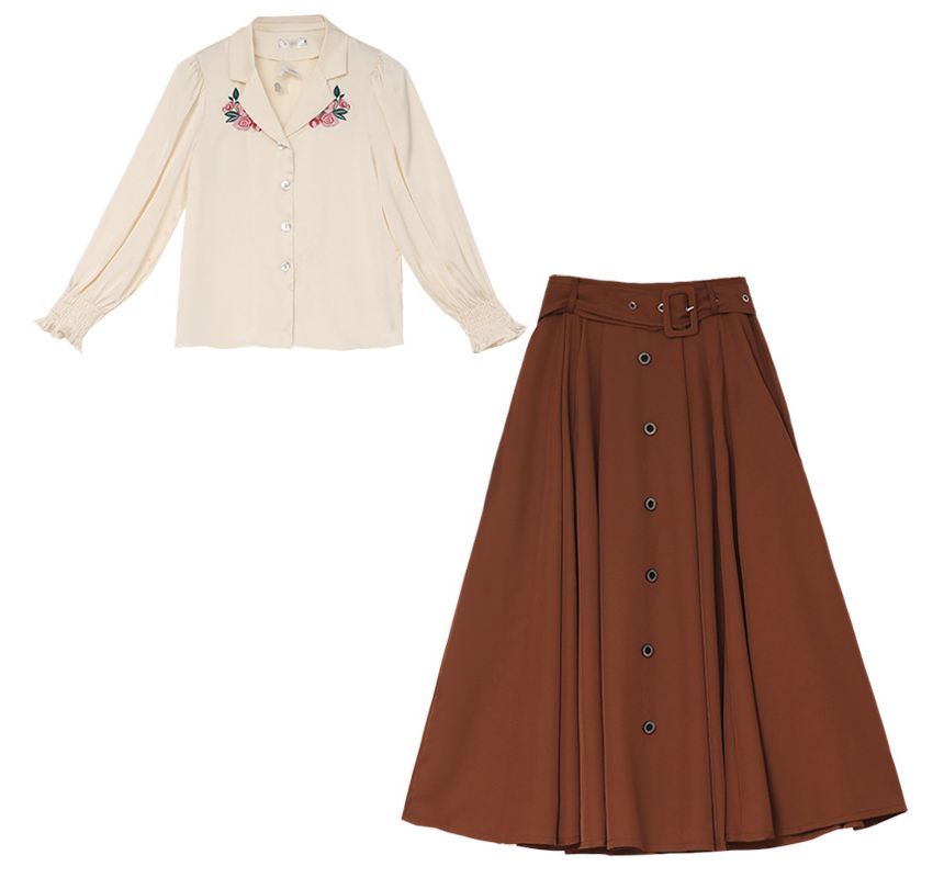 Long-Sleeve Collared Floral Embroidered Blouse / High Waist Plain Pleated Belted Midi A-Line Skirt / Set