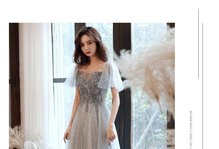 Panel Midi / Gown Mesh Cap-Sleeve Evening Sequin A-Line Dress
