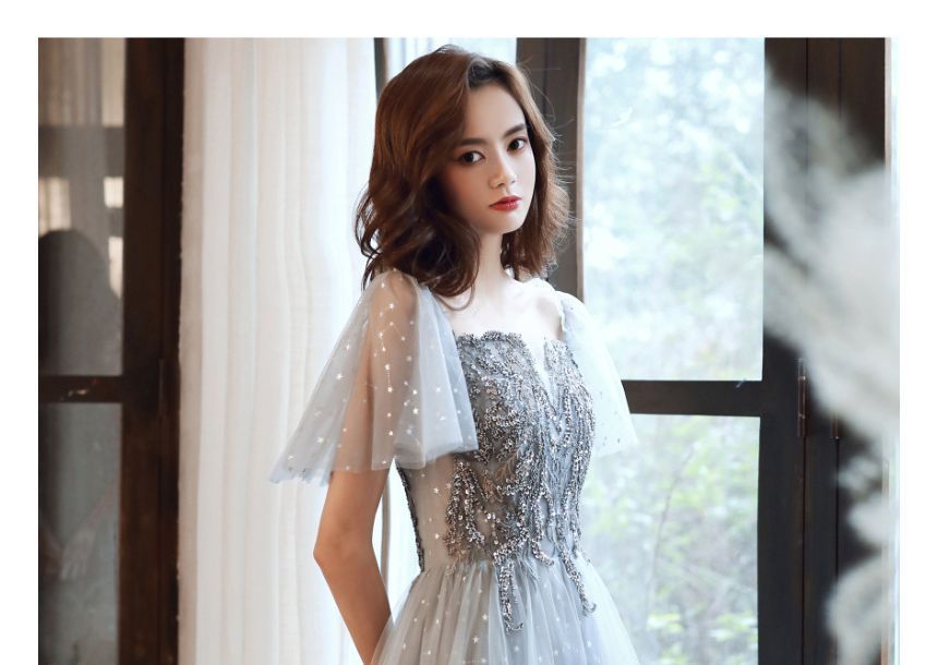 Cap-Sleeve Sequin Mesh Panel A-Line Evening Gown / Midi Dress