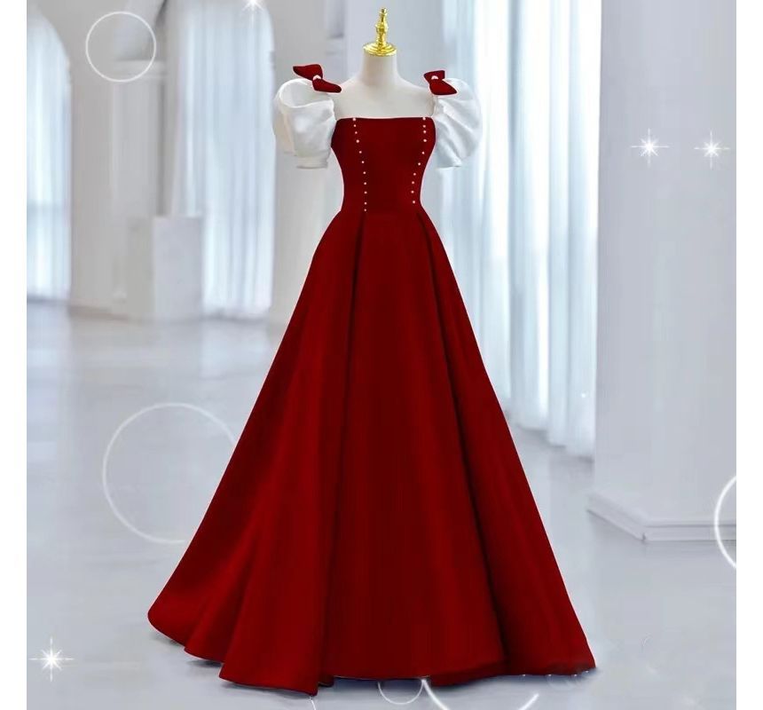 Bow Two Puff-Sleeve A-Line Tone Evening Gown