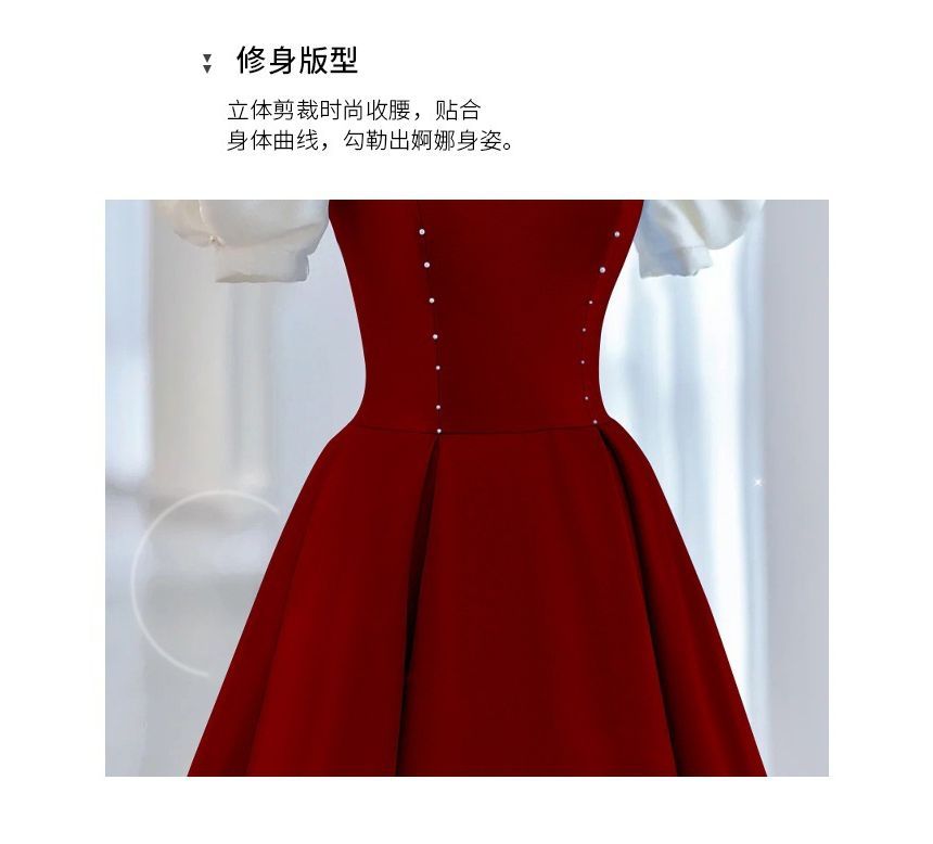 Bow Two Puff-Sleeve A-Line Tone Evening Gown