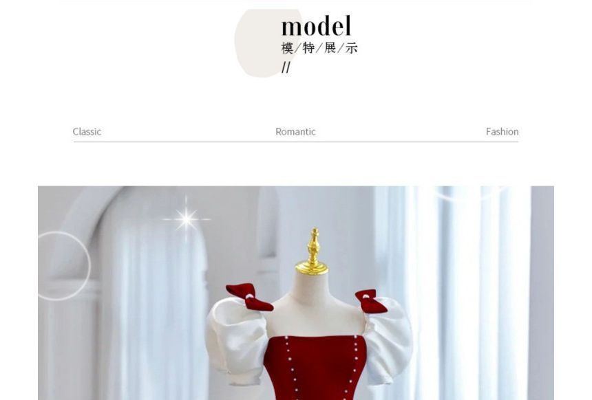 Bow Two Puff-Sleeve A-Line Tone Evening Gown