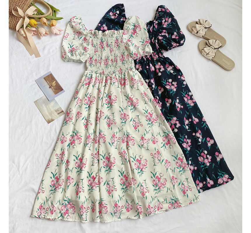 Square-Neck Puff-Sleeve Ruched Floral A-Line Dress