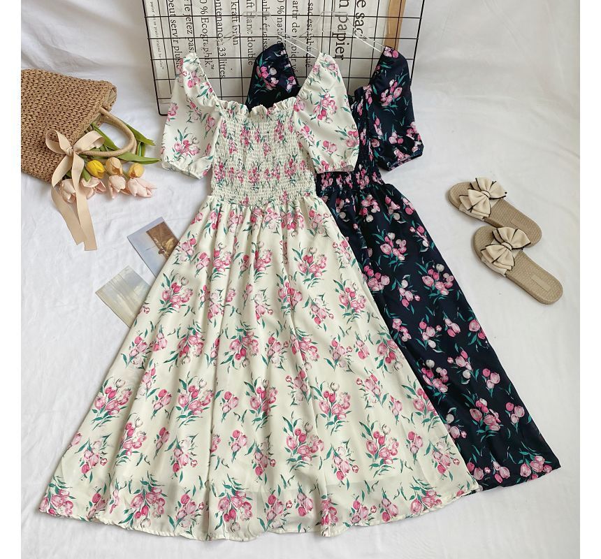 Square-Neck Puff-Sleeve Ruched Floral A-Line Dress