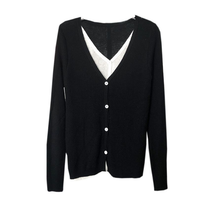 V-Neck Two Knit Two-Piece Top Tone Button-Up Mock Long-Sleeve