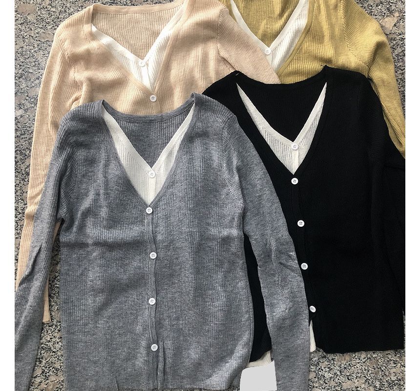 V-Neck Two Knit Two-Piece Top Tone Button-Up Mock Long-Sleeve