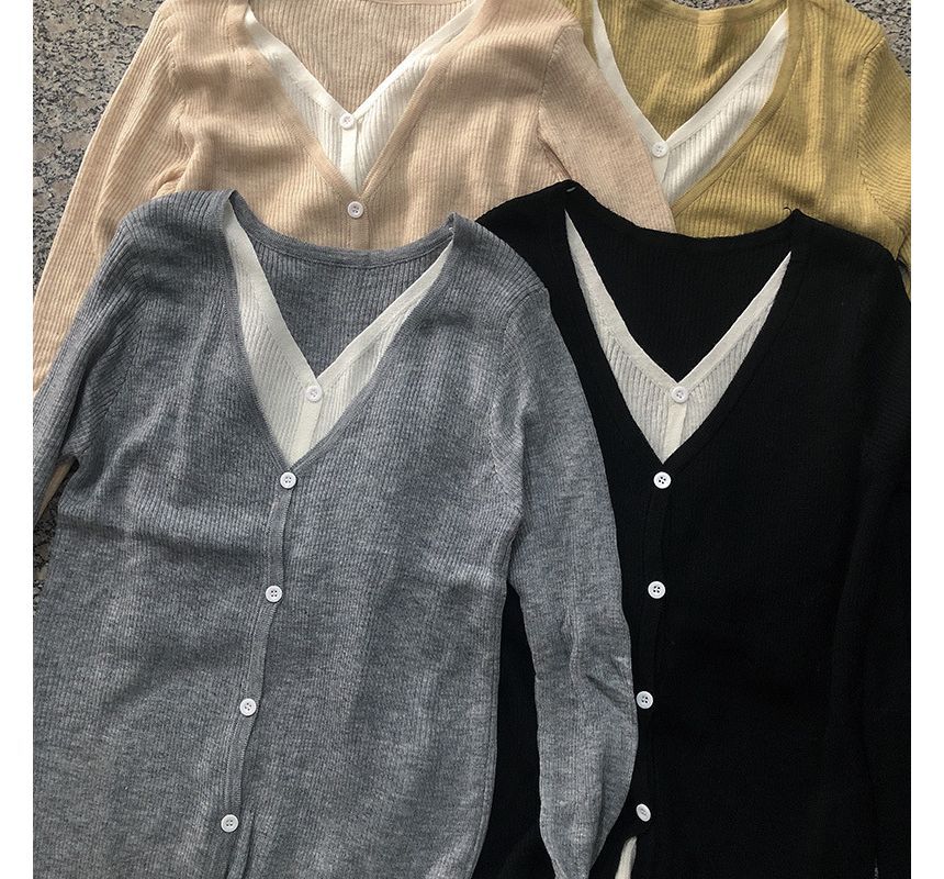 V-Neck Two Knit Two-Piece Top Tone Button-Up Mock Long-Sleeve