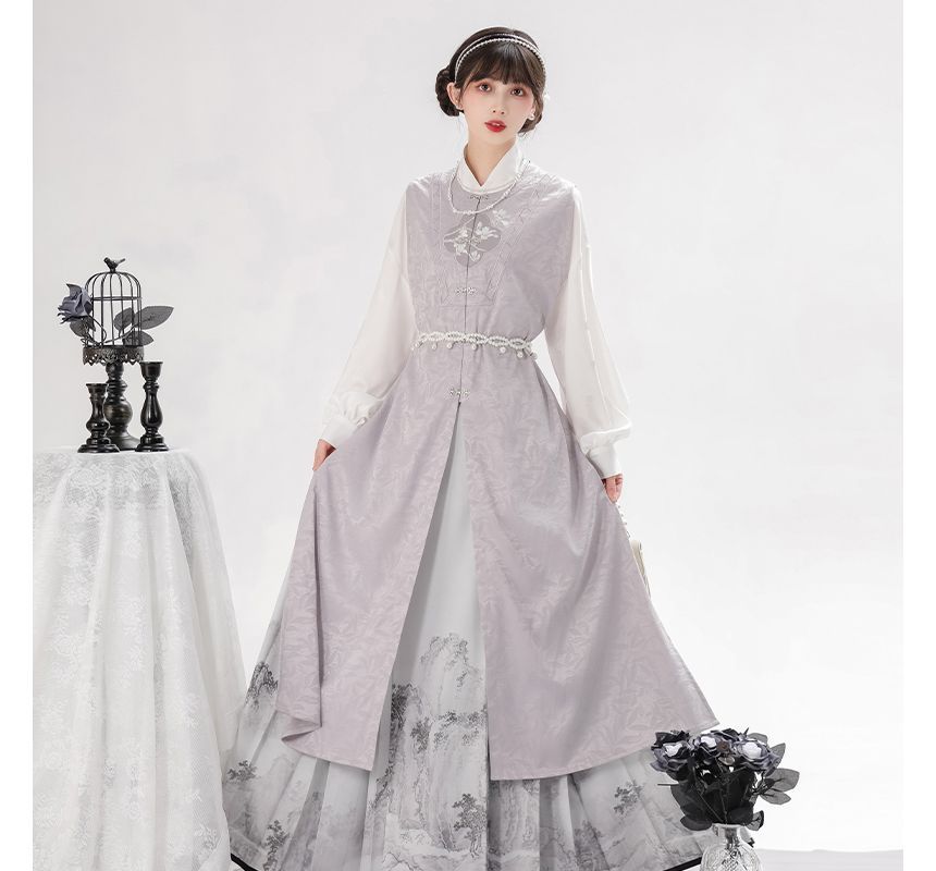 Long-Sleeve Floral Print Traditional Chinese Costume Set