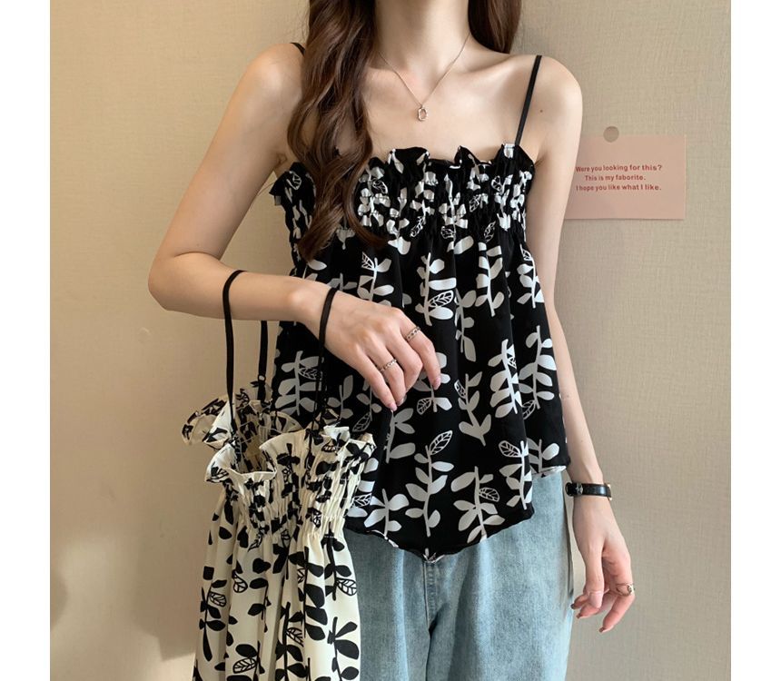 Asymmetrisches, fließendes Camisole-Top mit Blätter-Print