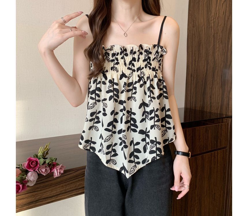 Asymmetrisches, fließendes Camisole-Top mit Blätter-Print