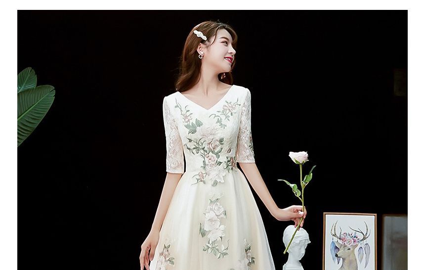 Short-Sleeve V-Neck Floral Embroidered A-Line Evening Gown