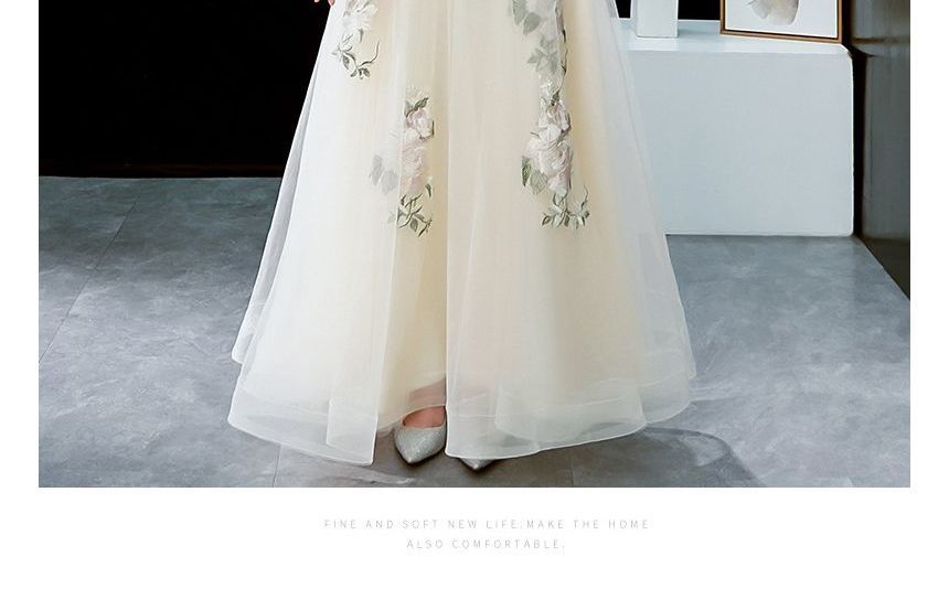 Short-Sleeve V-Neck Floral Embroidered A-Line Evening Gown