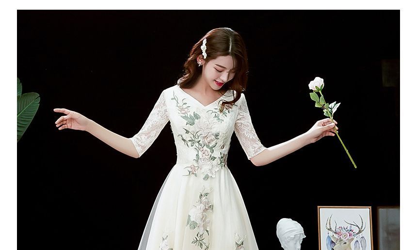 Short-Sleeve V-Neck Floral Embroidered A-Line Evening Gown