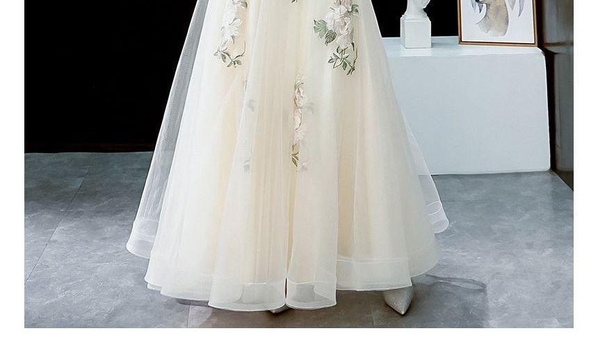 Short-Sleeve V-Neck Floral Embroidered A-Line Evening Gown